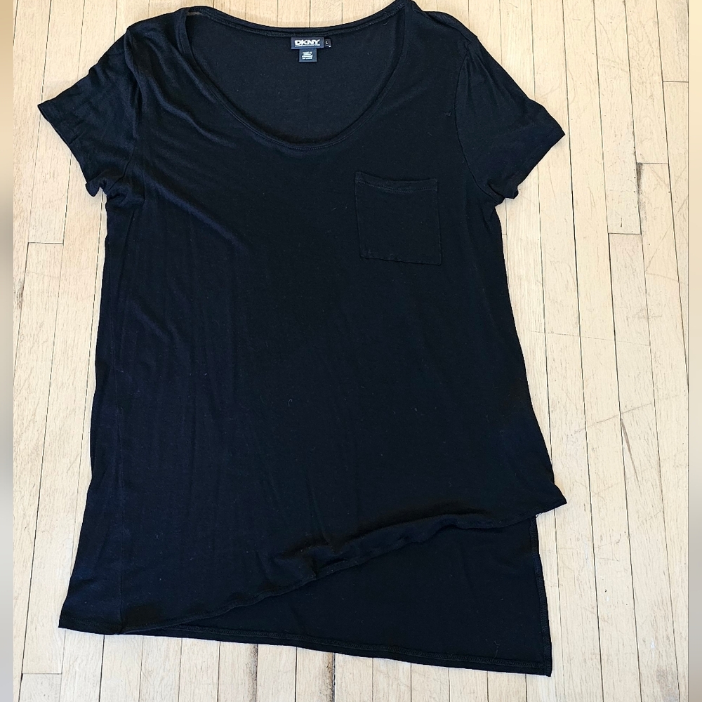 DKNY modal asymmetrical black long tee in large